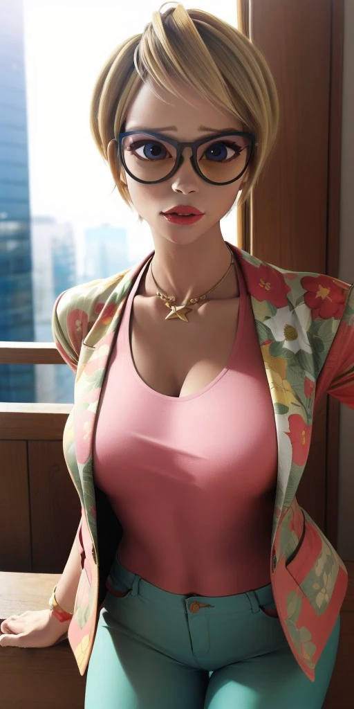 Hyperrealistic, photorealistic, super detailed, blue eyes, (sunglasses that are gradient vertically pink to yellow), (smooth green trousers richly decorated with a floral motif), (smooth green jacket richly decorated with a floral motif), bluish-black eyeshadow, short blonde hair styled into a pixie cut, red lipstick, body like in real life, large pores, fair skin, tall, beautiful arms, medium breasts, unreal engine, octane render, droped shadow, bokeh, cinematic lighting, <lora:add_detail:0.5>, <lora:Volumetric_lighting:0.6>, Olympia Hill, Majestia, , <lora:ef3c87e9-93c9-4668-9f53-9504c7787c8a:0.7>