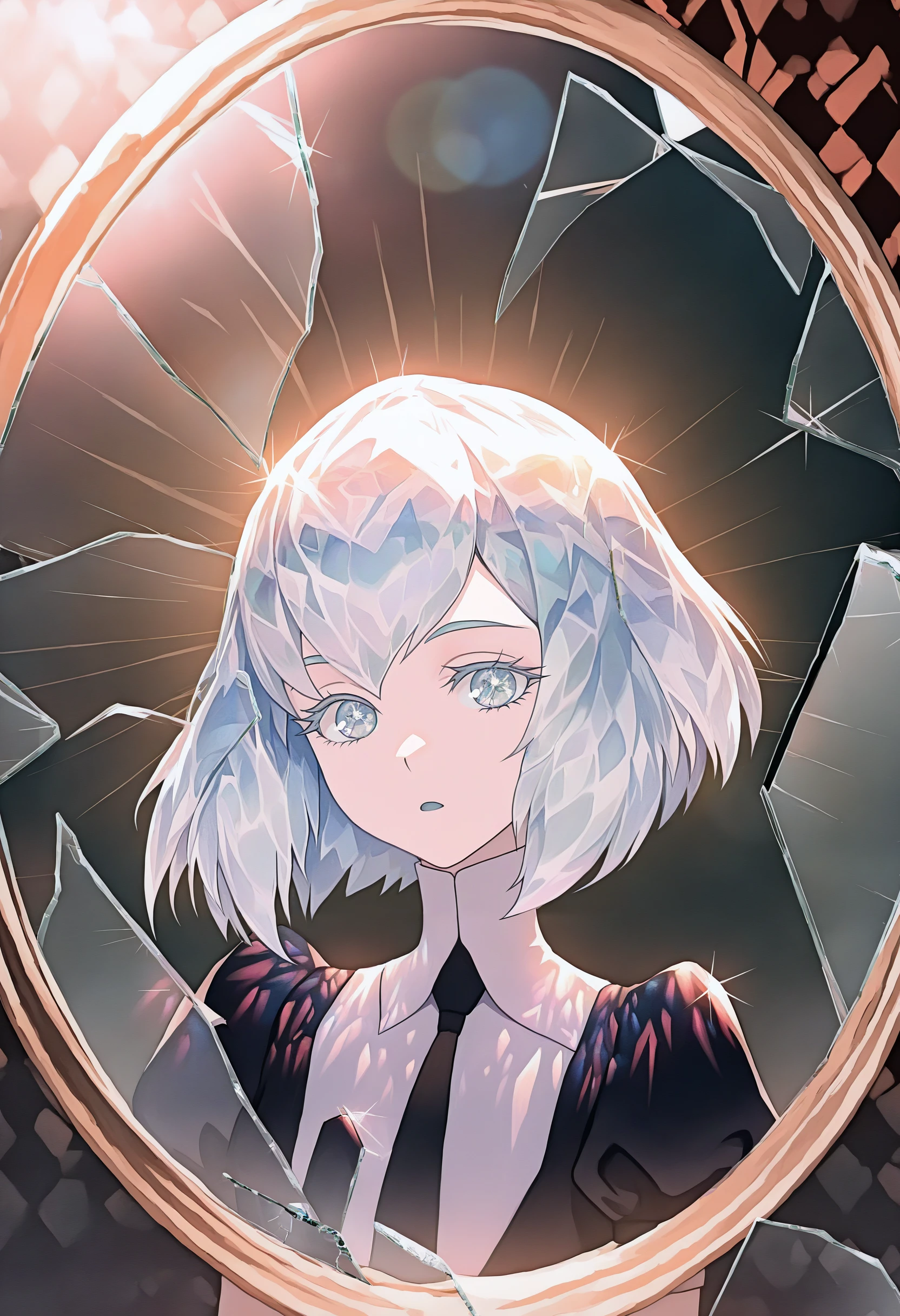 masterpiece, best quality, <lora:CrystalHair_illusXL_Incrs_v1:1>, crystal hair, multicolored crystal hair, shiny hair, colored eyelashes, crack, diamond \(houseki no kuni\), multicolored hair, short hair, black shirt, puffy short sleeves, collared shirt, black necktie, white skin, center, looking at viewer, eye reflection, detailed light, light leaks, sunlight, shine, ray tracing, lens flare, cinematic lighting, mirror, cracked glass, dynamic pose, foreshortening, holding gem, argyle background, diamond \(shape\), abstract, upper body, presenting, <lora:BrokenGlass_illusXL_Incrs_v1:1> glass shards, broken glass