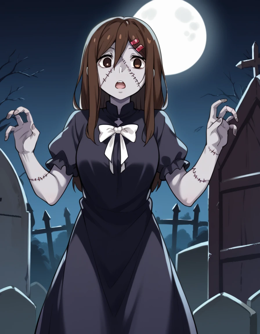 score_9, score_8_up, score_7_up, source_anime, <lora:ayano-tateyama-s1-ponyxl-lora-nochekaiser:1>, ayano tateyama, long hair, brown hair, hair ornament, hairclip, brown eyes, medium breasts,, <lora:zombie-ponyxl-lora-nochekaiser:1>, zombie, colored skin, stitches, grey skin, multicolored skin, stitched face, zombie pose, halloween, halloween costume,, night, moon, graveyard, tombstone, grave, open mouth, , dutch angle, cowboy shot