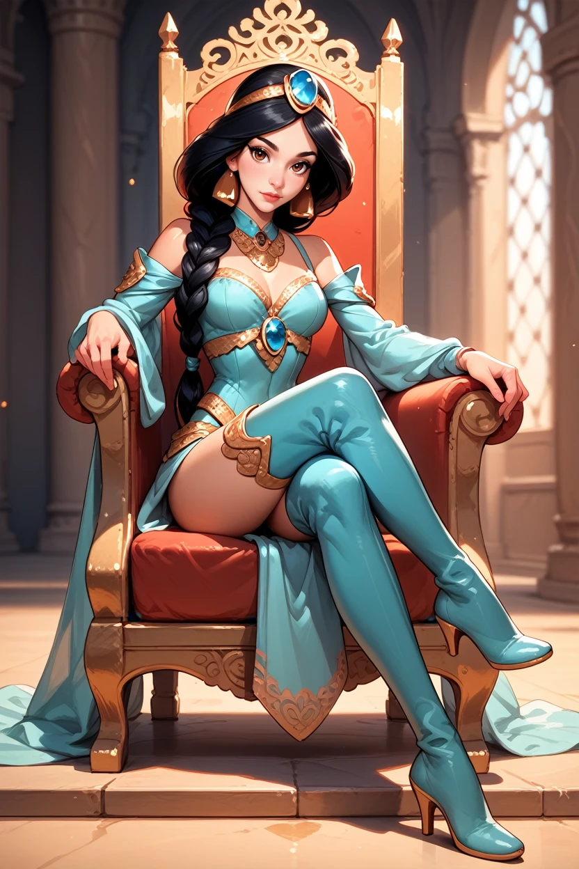 score_9, score_8_up, score_7_up, score_6_up
<lora:DisyneyJasmine:0.8>
DisyneyJasmine, 1girl, black hair, brown eyes, braid, long hair, looking at viewer, sitting, throne, crossed legs, indoors, thigh boots