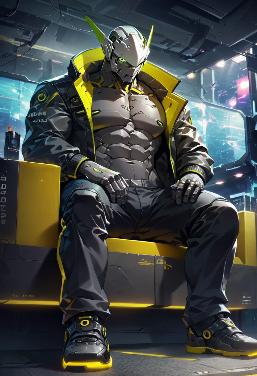 sollyz, by sollyz,score_9, score_8_up, score_7_up,solo,male focus,sp_mecha,topless,mecha,muscular,bara,jacket,inside,futuristic,home,game cg,wallpaper,sitting,view from below,lights and shadow,tracing ray,looking at side,