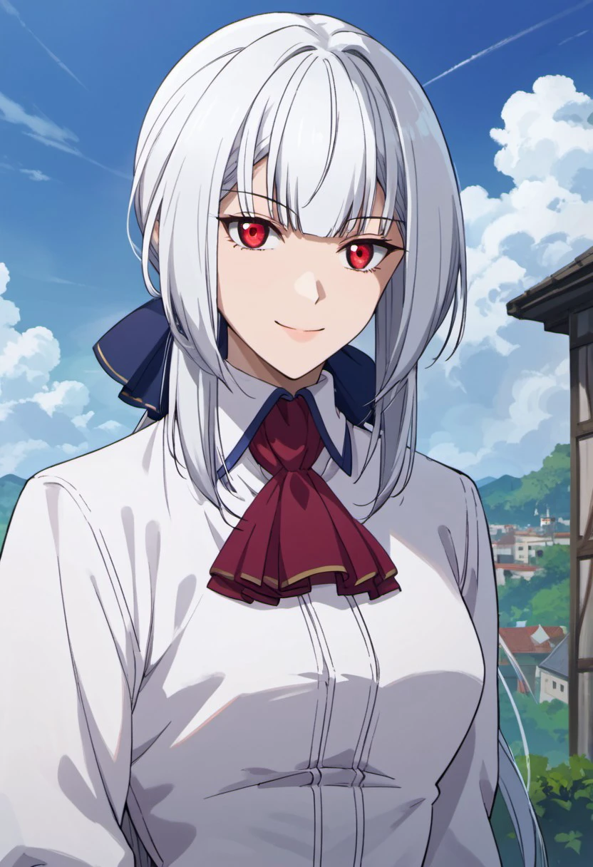 score_9, score_8_up, score_7_up, source_anime, christina, white hair, long hair, red eyes, 1girl, solo, day, sky, ascot, cloud, shirt, outdoors, upper body, looking at viewer, smile, white shirt