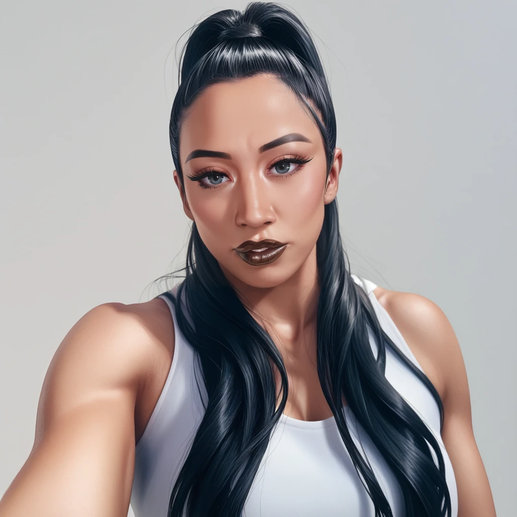 best quality, masterpiece, highres, <lora:Pony_Indi_Hartwell:1>, 1nd1hartwell, 1girl, solo, black hair, long hair, lips, looking at viewer, breasts,upper body, high ponytail, tank top, white tank top, brown lips