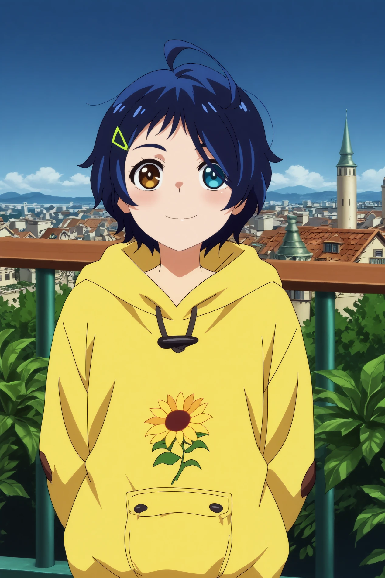 ohto ai,1girl,solo,heterochromia,short hair,yellow hoodie,hood,blue eyes,hoodie,hair ornament,hairclip,shorts,hood down,upper body,peace sign,smile,hands behind the back,to the side,cowboy shot BREAK outdoors,orange sky,night time,cityscape    <lora:Ohto_Ai_-_Wonder_Egg_Priority.safetensors:0.8> <lora:detailed_backgrounds_v2.safetensors:0.5>