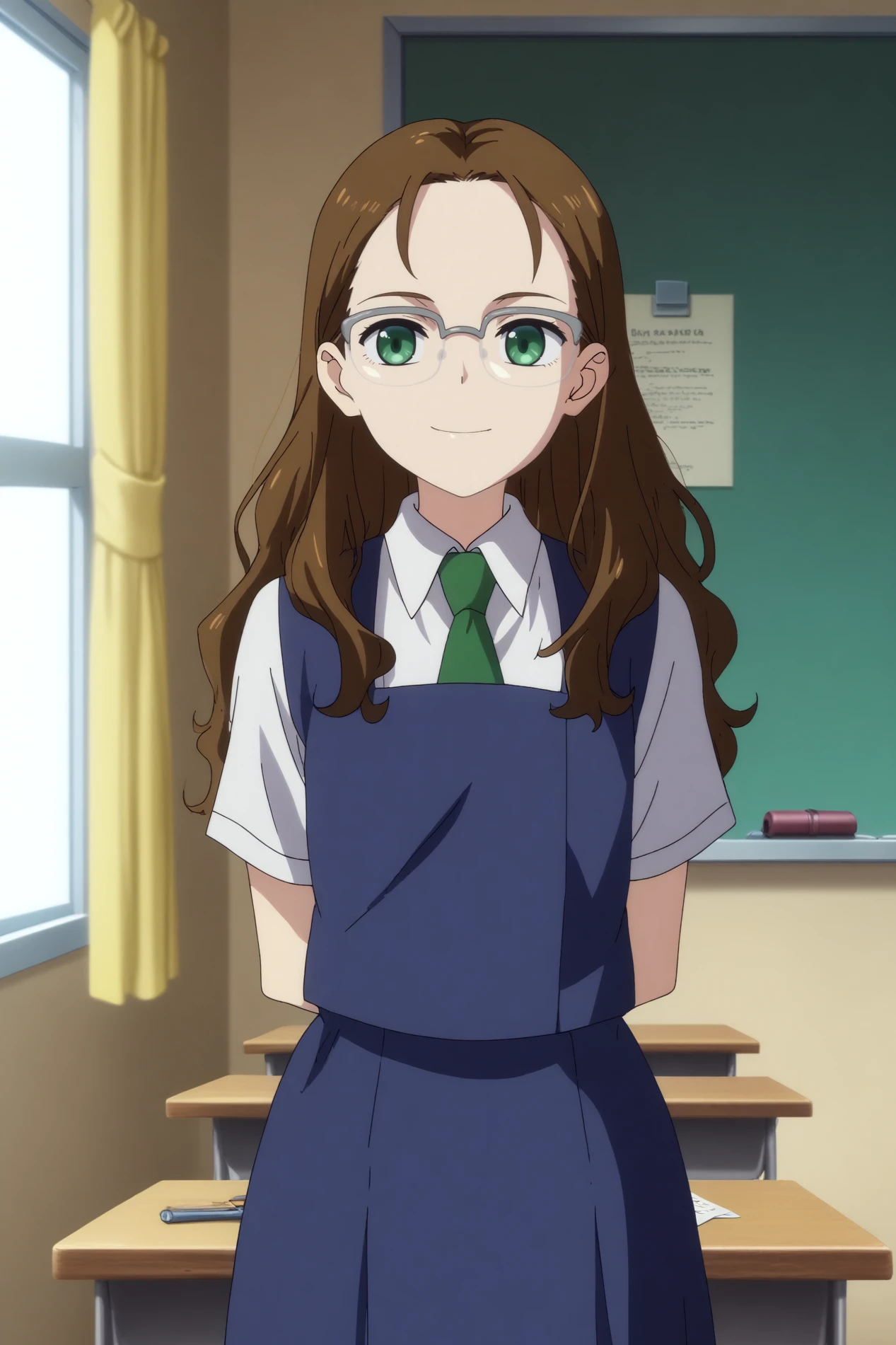 nagase koito,1girl,solo,glasses,school uniform,necktie,long hair,over-rim eyewear,shirt,smile,green necktie, short sleeves,standing,looking at viewer,cowboy_shot BREAK indoors,classroom,desk behind,chalkboard,windows,arms behind the back,close-up    <lora:Nagase_Koito_-_Wonder_Egg_Priority.safetensors:0.8> <lora:detailed_backgrounds_v2.safetensors:0.5>