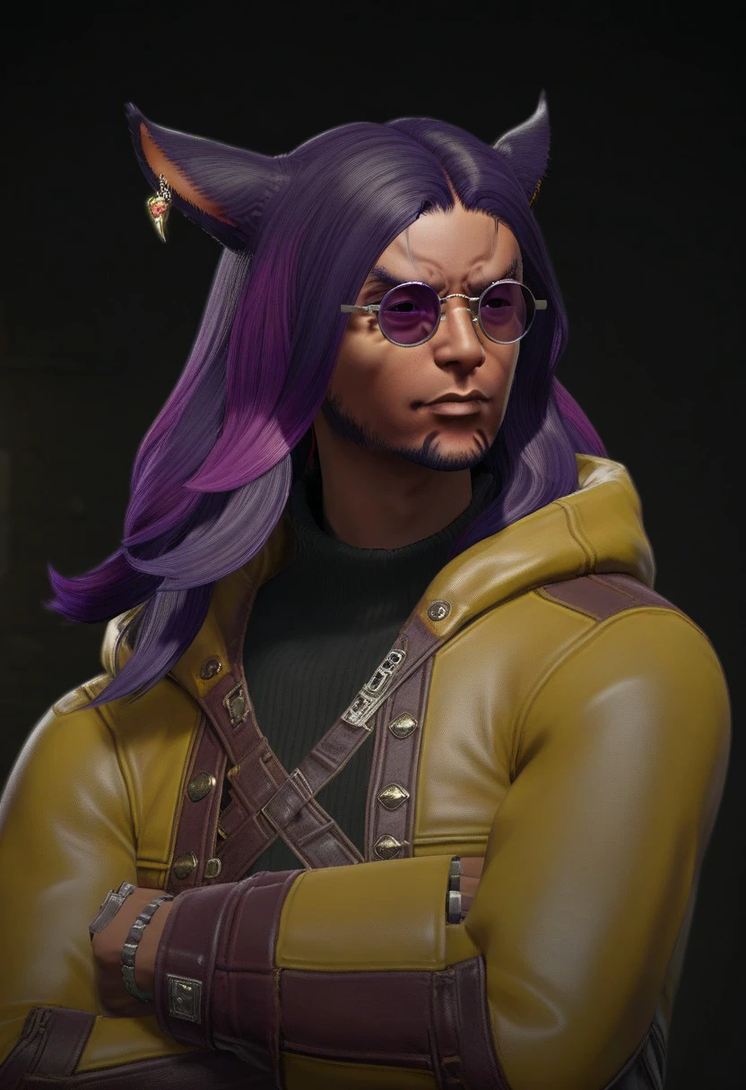 f4c32-miq0, animal ears, miqo'te, solo, sunglasses, facial hair, male focus, 1boy, cat ears, earrings, jewelry, jacket, long hair, dark skin, upper body, facial mark, glasses, tinted eyewear, black hair, purple hair, yellow jacket, cinematic lighting, cinematic angle, best quality, masterpiece