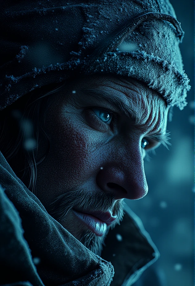 A close-up of a frost-covered, weary face, intense and hardened, under dramatic, moody lighting, snowflakes resting on the skin, cinematic focus on facial texture and detail, cold, blue-toned lighting, with a steam-punk industrial background . bv-fropunsty<lora:bv-frostpunk-style-v1.safetensors:1.0:1.0>