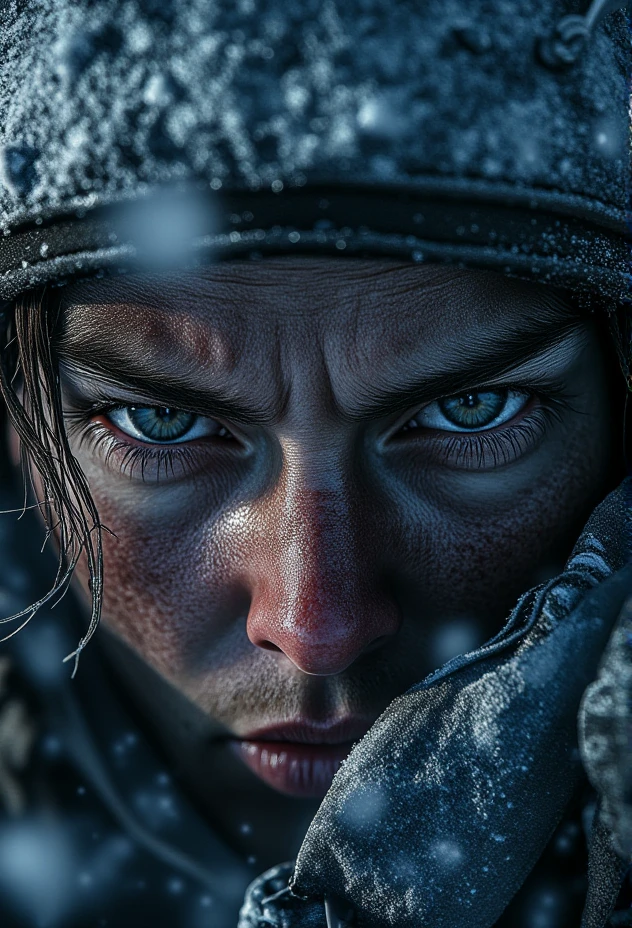 A close-up frontal portrait of a frostbitten individual, head tilted slightly downward, their expression one of raw, exhausted resolve, frozen eyelashes catching delicate snowflakes, icy wind visibly swirling in the background, with the light accentuating every frozen detail for a breathtaking, cinematic effect.bv-fropunsty<lora:bv-frostpunk-style-v1.safetensors:1.0:1.0>