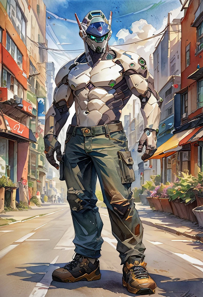 sollyz, by sollyz,score_9, score_8_up, score_7_up,solo,male focus,sp_mecha,topless,mecha,muscular,bara,casual clothes,futuristic,street,game cg,wallpaper,watercolor \(medium\), traditional media,