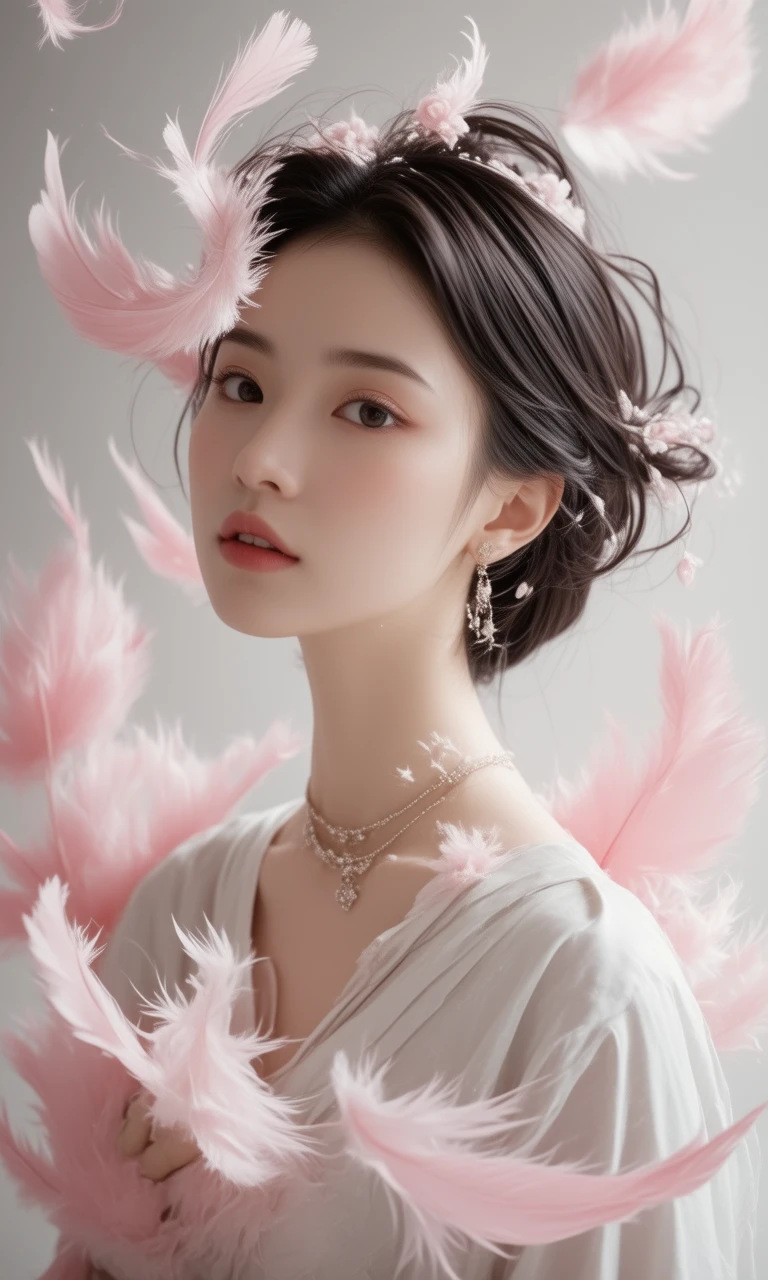 1girl Asian,Against a neutral background,the woman has an elegant hairstyle with short hair paired with delicate jewelry,and her posture accentuates her natural beauty and presence. Soft pink and white feathers float around her,adding a whimsical touch to the minimalist setting. The simple background color,neutral environment,makes the main body and floating feathers stand out. Elegant and modern fashion photography with a touch of whimsy. The uniform soft lighting accentuates the contours of her face and the delicate texture of her feathers. Elegant,sophisticated,dreamy. Capture intricate details of jewelry,hair and floating feathers in high resolution.,
