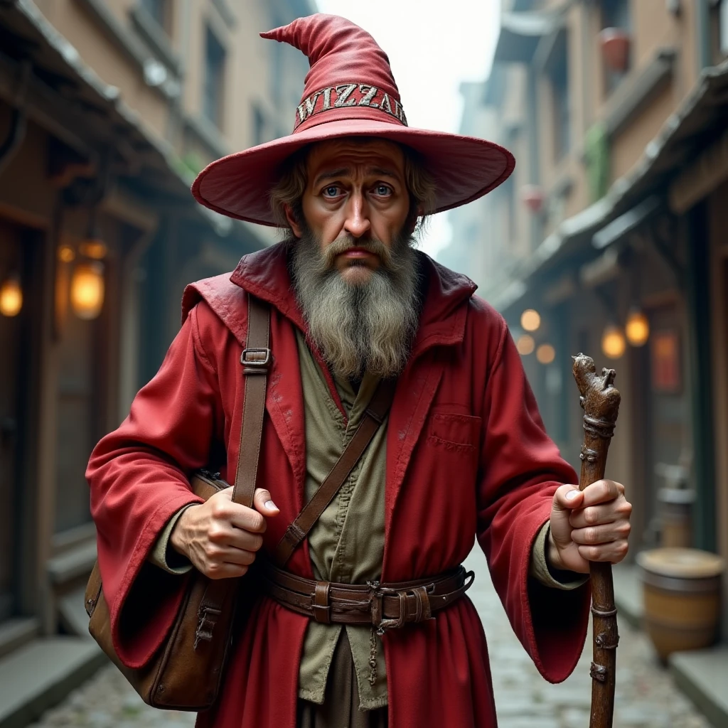 "Imagine a photorealistic image of a tall, somewhat aristocratic wizard with a harried, mildly indignant look, wearing a slightly shabby, faded red robe. His pointed hat, embroidered with the word 'WIZZARD' in clumsy, mismatched letters, sits crookedly atop his head, adding to his look of perpetual exasperation. He has a thin, neatly trimmed beard and a severe but slightly bewildered expression, as if he’s constantly baffled by the absurdity around him. His face shows a blend of irritation, mild panic, and a stubborn streak of determination. In one hand, he clutches a battered leather satchel, and in the other, he tightly grips an old, slightly bent staff. He stands against a backdrop of a chaotic, bustling street filled with strange shops and peculiar characters, or perhaps a narrow alleyway hinting at lurking dangers. The scene radiates a humorous tension, as this reluctant, often exasperated wizard seems both out of place and yet somehow perfectly at home in his own bewildered way."