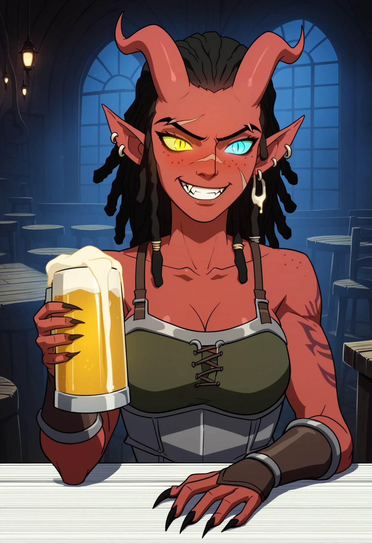 score_9, score_8_up, score_7_up, 2d, lineart, (upper body:0.9), medieval fantasy, solo, 1girl, adult woman, large breasts, toned female, devil horns, claws, tiefling, rogue, thief, face scars, bangs, red skin, mischievous grin, fang, drunk, freckles, blush, narrowed eyes, heterochromia, slit pupils, tattoos, earrings, clothing, armor, indoors, seedy tavern, dark, nasty inn, sitting at the counter, (beer:1.05), (lantern:0.9), night, dim lighting, volumetric lighting, black hair, dreadlocks    <lora:FantasyWesternAnimation_YoungJusticeDCAMU_v2:1>