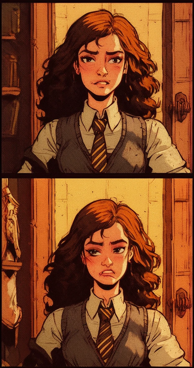 Style: Clean lines, comic book, limited, cool Layout: Square, Rectangle, Irregular, Split, Overlapping Content: Sexual interaction, zoo1, Zoophilia, Foxy body exploration, in the style of Club Confidential magazine, fox girl, (3 comic panels:1.1) of a single subject on one page, semi realistic, fantasy art, best quality, masterpiece, zoophilia, mature content, adult situations, medium zoom, focus blur, hot springs background, wet bare skin, mist from the spring fills the air, rocky forest terrain, blue flowers cover the landscape, nature magic, magical energy, variable depth mist effect, comic, manga, 1girl, solo, a beautiful woman with fox-like features, zoologist, fox ears, (bushy fox tail extending from her tailbone:1.1), (sexy:1.1), (nsfw:0.8), nature theme, (loosely worn wide brown leather belt:1.1), sunbeams light her back, (long red wavy hair:1.1), loose flowing hairstyle, blue hairband, glossy reflective emerald eyes, mocha colored smooth tan skin, seductive smile, cute, friendly, flirty, medium natural breasts, side boob, wide hips, (voluptuous:1.1),
panel#1 - sprinting down a dirt path nestled in an isolated forest glade, view from in front, view from below, looking at the camera, a look of panic on her face, tears streaking down her face, being chased by a rabid bunny, scared, terrified,
panel#2 - entering a small log cabin at the end of the path and closing the front door behind her, leaning against the door to keep the rabid bunny outside, catching her breath, relieved, safe, cabin interior background, cabin door, paned glass window, sunlight shining in, wooden walls, coat rack,
panel#3 - leaning with her back against the door, facing the camera, close zoom, focused on her eyes, scared face, open eyes, breathing heavily, the rabid bunny is peering through the nearby window, senses fear, foaming at the mouth, evil bunny, murderous rage, cliffhanger, end panels <lora:zoologistloraXX:1.1> <lora:FT_comic:0.7> <lora:add_detail:-0.2> <lora:Graphic_Novel:0.7> <lora:SCARED:0.1>