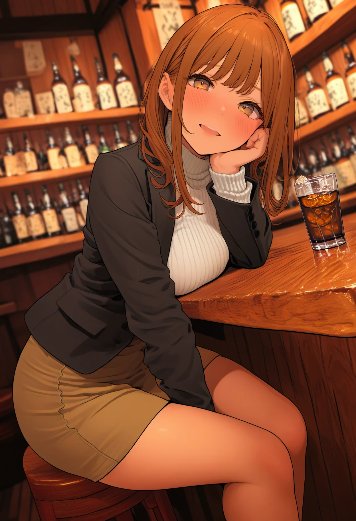 <lora:aosiai123SDXL:1>, best quality, masterpiece, aosiai123, 1girl, looking at viewer, brown skirt, brown hair, white sweater, blush, long sleeves, sitting, black jacket, brown eyes, smile, open mouth, alcohol, bar (place), medium breasts, turtleneck sweater, indoors, cup, thighs, long hair, upper teeth only, counter, bar stool, whiskey, head rest, ribbed sweater, blurry background, sidelocks, drinking glass, ice cube, bottle, hand on own face, dutch angle, feet out of frame, miniskirt, hand on own cheek, open jacket, drink