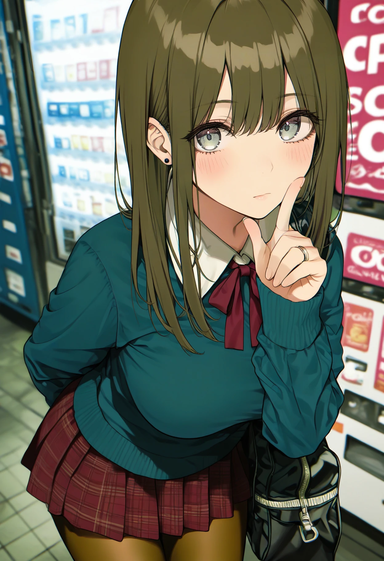 <lora:aosiai123SDXL:1>, best quality, masterpiece, aosiai123, 1girl, pleated skirt, vending machine, brown pantyhose, brown hair, black bag, looking at viewer, large breasts, earrings, jewelry, blue shirt, finger to mouth, long sleeves, red skirt, plaid skirt, closed mouth, school bag, index finger raised, blush, blurry background, long hair, outdoors, standing, grey eyes, shoulder bag, cowboy shot, neck ribbon, school uniform, finger to cheek, miniskirt, leaning forward, sidelocks, handbag, sweater, hand up, arm behind back, from above, duffel bag