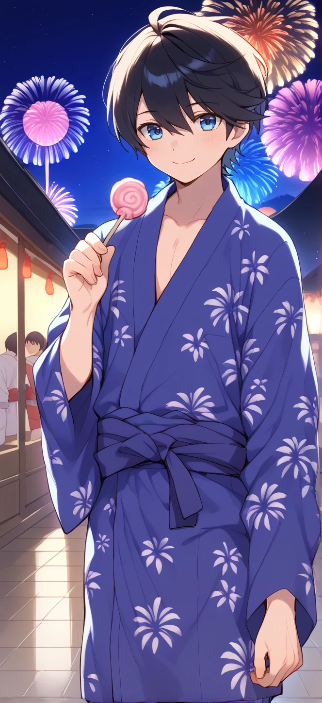 1boy,solo,male focus,horikawa_kunihiro,horikawa kunihiro,black hair,blue eyes,smile,yukata,blue yukata,night,japanese festival,fireworks,cotton candy,holding cotton candy