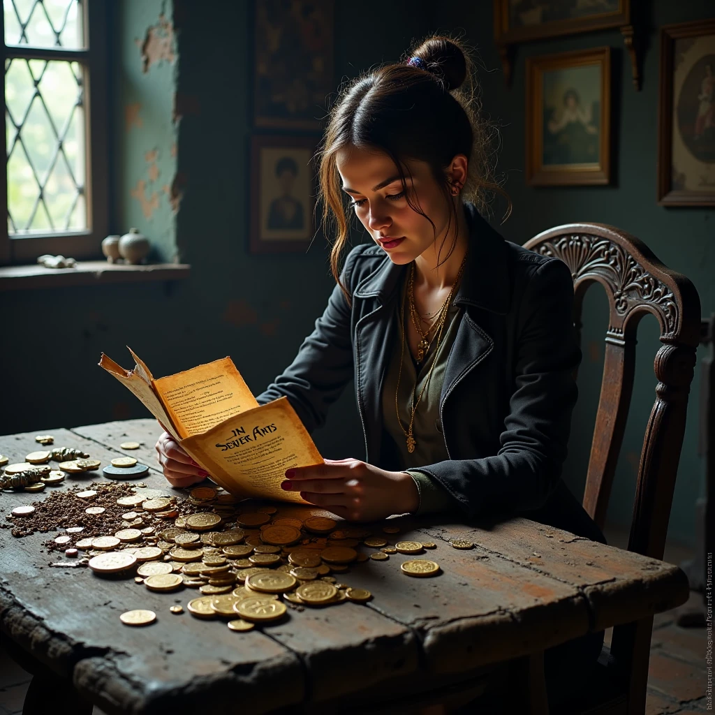 a female member of the thieves guild sitting in a dark room at a rough wooden table that has a dagged stuck in it, on the table is a pile of stolen gold coins, gems, and jewellery. the woman is reading a pamphlet with the title "IN SEWER ANTS"