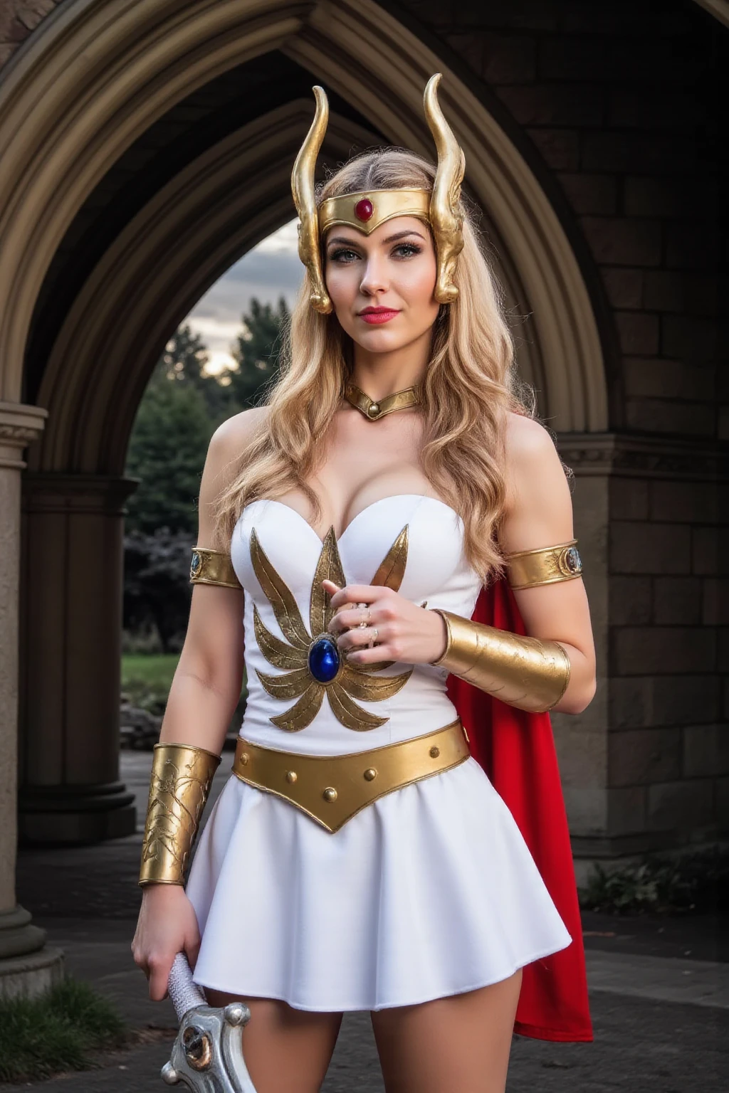 Award winning photo of Woman wearing a white She-Ra costume, adorned with golden pieces, with a red cape, holding a sword, She has platinium blonde, full,very long blowing hair. In front of a medieval fantasy castle with dark, mossy stone walls. Cinematic lighting, awardwining photo.