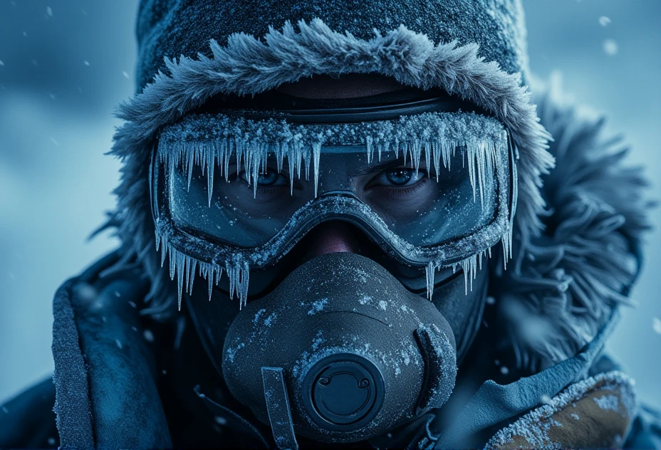 medium shot of a grizzled scout with frostbitten skin in frost-encrusted goggles and breathing mask. Snowflakes cling to their fur-lined hood, and frost crystals form patterns on their clothing.  In the background, a faint light source barely illuminating the dense snowfall around. The entire scene is filled with a bluish tint, enhancing the cold, harsh environment.  Lighting is soft and diffused by thick, overcast skies, creating a bleak ambiance.   The shot type is A portrait with intricate frost details on the goggles, mask, and clothing.   Scene details include heavy snow falling steadily, adding a sense of cold isolation.   Texture and Detail are extremely high-resolution, focusing on frost patterns on every visible surface.   Mood is tense and eerie, as if danger lurks in the silence. bv-fropunsty<lora:bv-frostpunk-style-v1.safetensors:1.0:1.0>