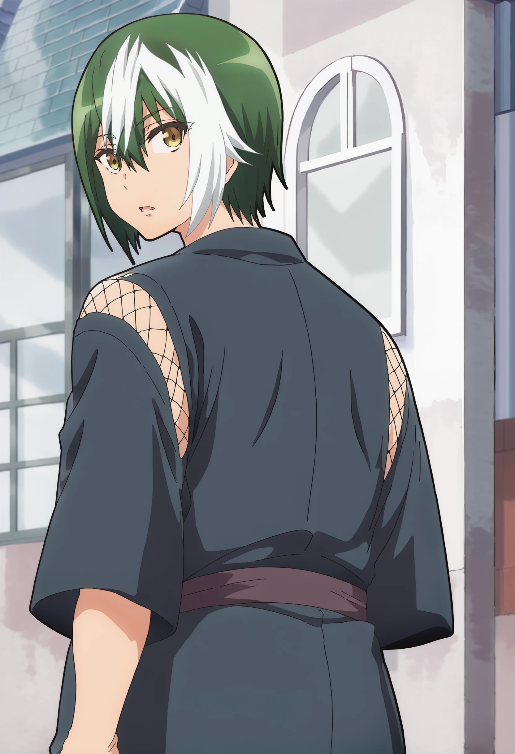 score_9, score_7_up,anime coloring ,source_anime, anime, (building:1.3), 1boy, solo, from behind, kikuru madan, short hair, green hair, two-tone hair, white hair, hair between eyes, bangs, yellow eyes, japanese clothes, kimono, fishnets, looking back at viewer, parted lips, <lora:Kikuru_Madan_from_Futoku_no_Guild-000009:1>