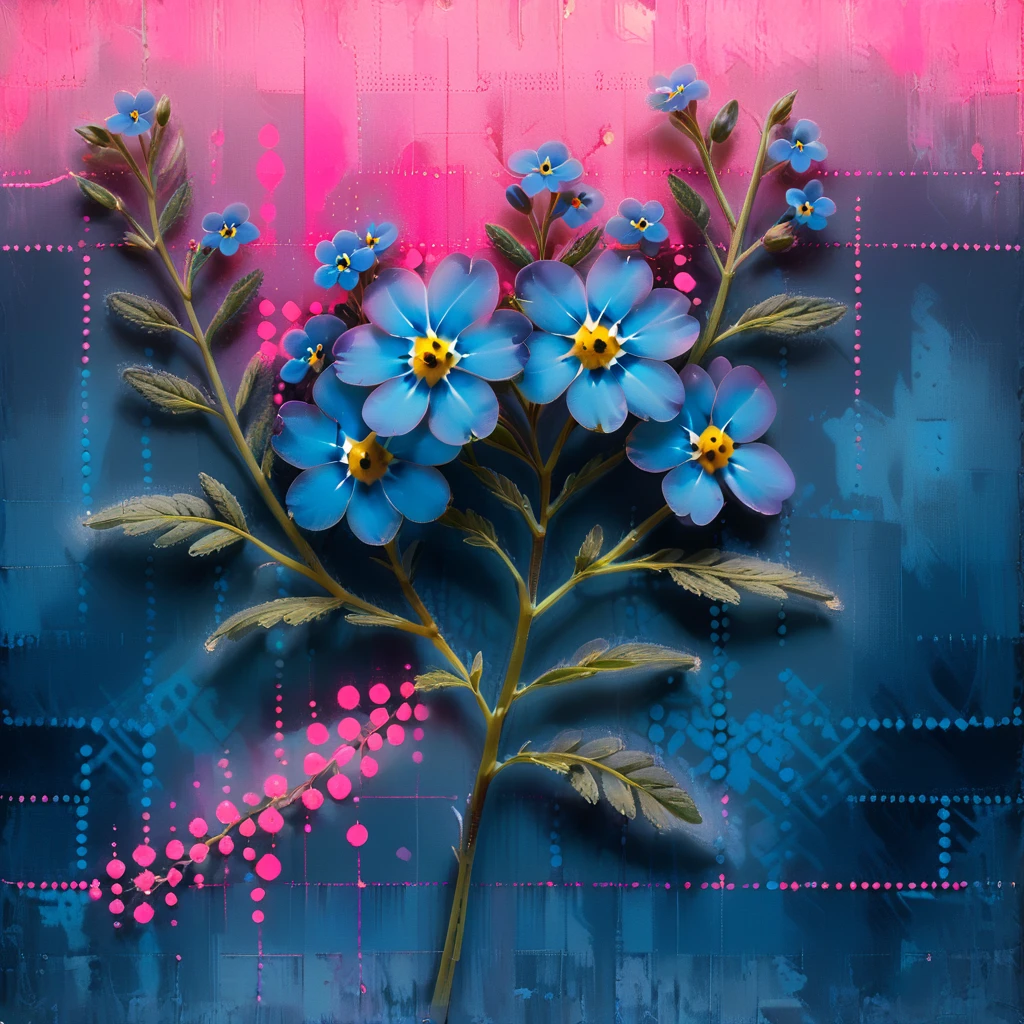 female floral print, forget-me-not, radiant, tempera, wool, brutalism style, Atmospheric Depth, pink and blue, zigzag pattern, dot matrix effect, neon accents, wallpaper, velvet-like texture, lacquered finish  <lora:artfully_SPIRITUALFADE:0.9>,