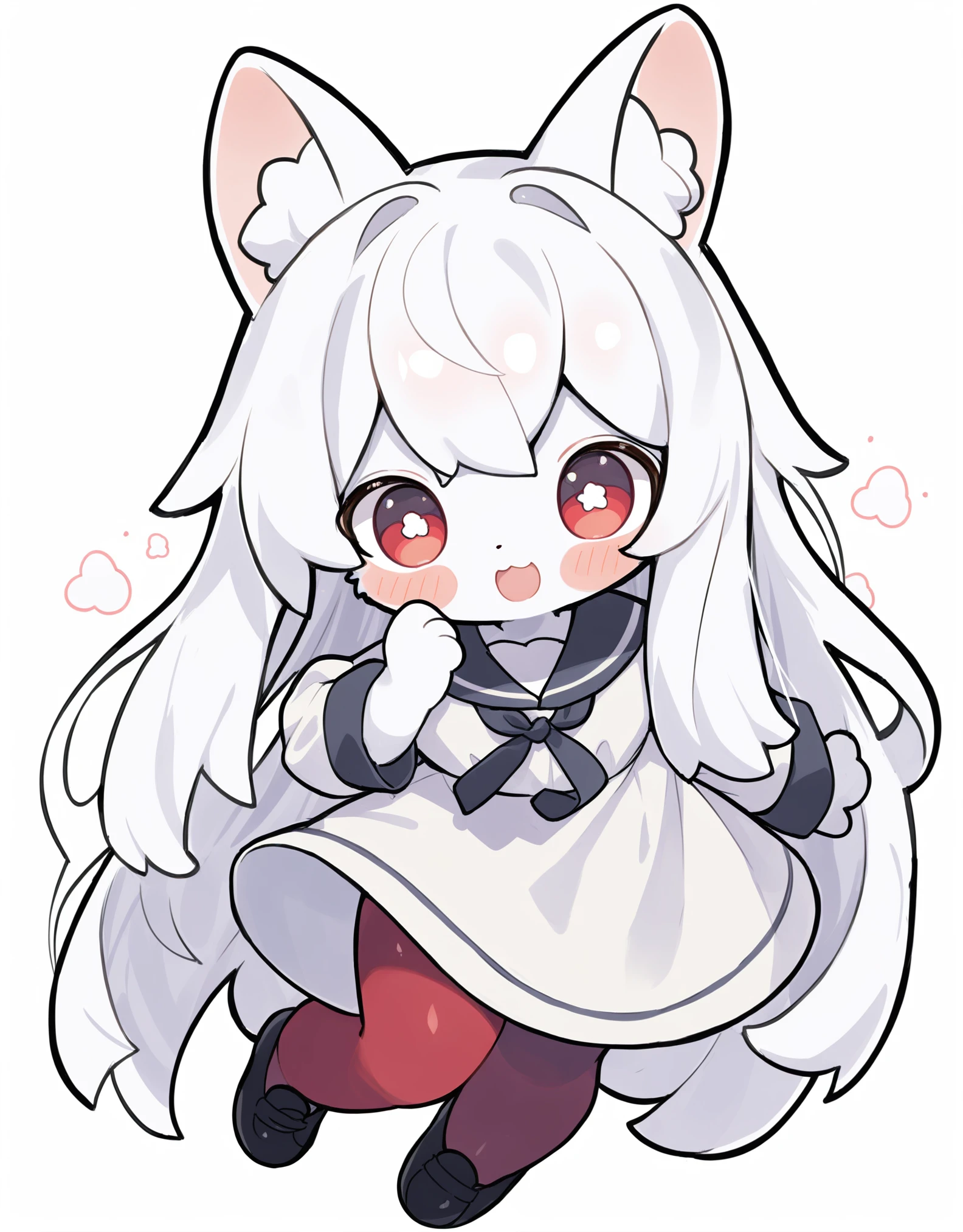 best quality,masterpiece,absurdres,newest,<lora:KAWAII STYLE_XL:0.85>,
(kawaii style),
1girl,solo,animal ears,red eyes,long hair,white hair,furry,simple background,white background,open mouth,dress,smile,full body,furry female,black footwear,cat ears,pantyhose,school uniform,white dress,very long hair,shoes,sailor dress,looking at viewer,ribbon,animal ear fluff,bow,blush,skirt,chibi,