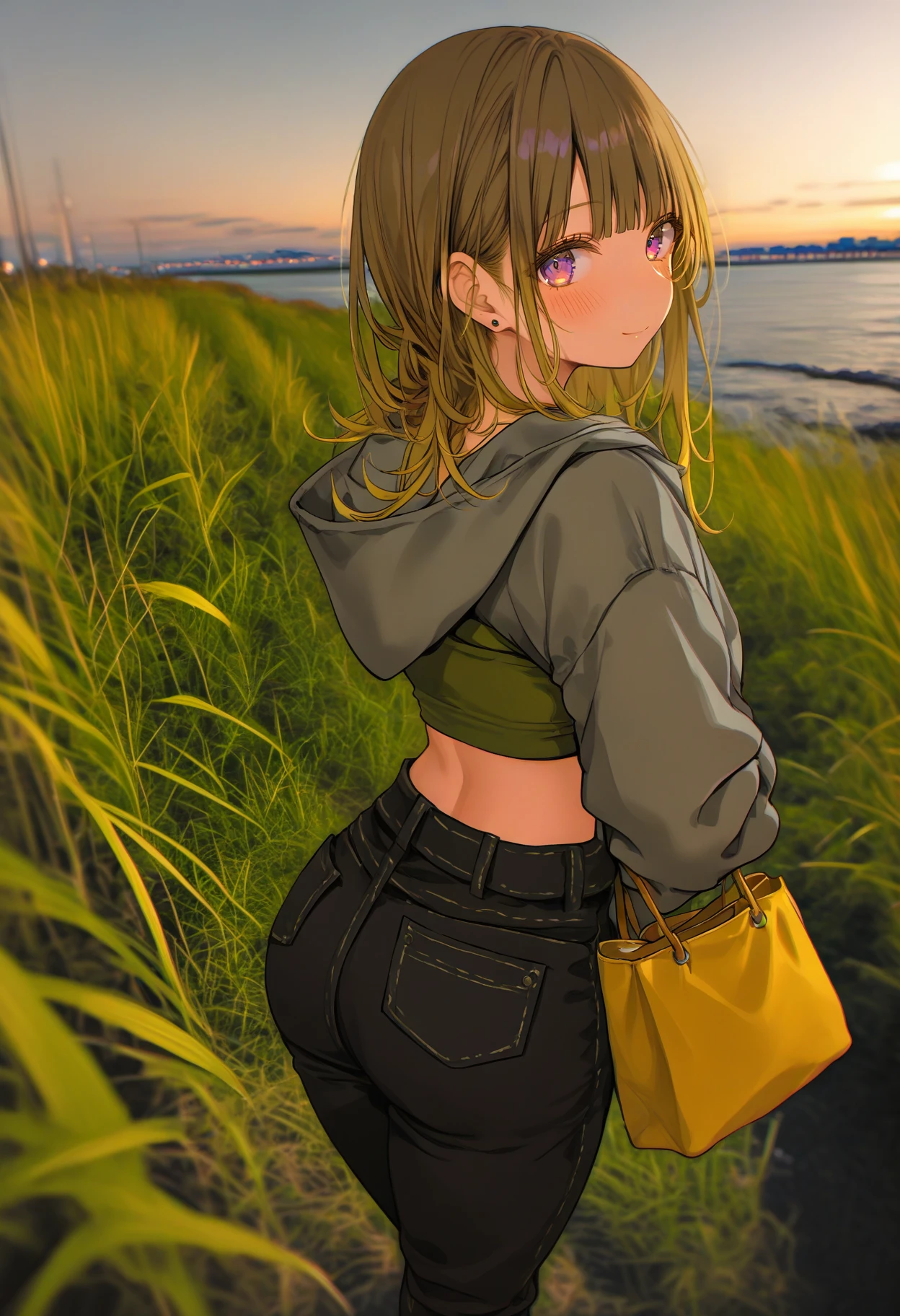 <lora:aosiai123SDXL:1>, best quality, masterpiece, aosiai123, 1girl, outdoors, looking at viewer, hood down, blush, black pants, holding bag, looking back, jewelry, blurry background, stud earrings, long hair, grass, hooded jacket, long sleeves, sunset, closed mouth, river, from behind, ass, grey hoodie, smile, evening, purple eyes, denim, standing, brown hair, midriff, grey jacket, shirt, rice paddy, sky, water, crop top, sidelocks, depth of field, photo background, jeans, handbag