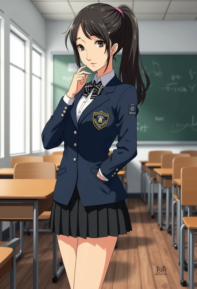 A detailed solo portrait of togo_hifumi
Anime style, sharp, high contrast and highly detailed.,
 <lora:persona5_shiho_suzui_flux_1_2-000012:0.9> shiho suzui
She is wearing a formal school uniform. The uniform includes a navy blue blazer with an emblem patch on the left chest, a white dress shirt underneath, and a black and white striped bowtie at the collar. She is also wearing a black pleated skirt, white knee-high socks, and black loafers. Her posture suggests deep thought, with one hand raised to her chin and her legs slightly crossed, adding to the thoughtful, composed expression on her face. She is standing in a classroom. full body.