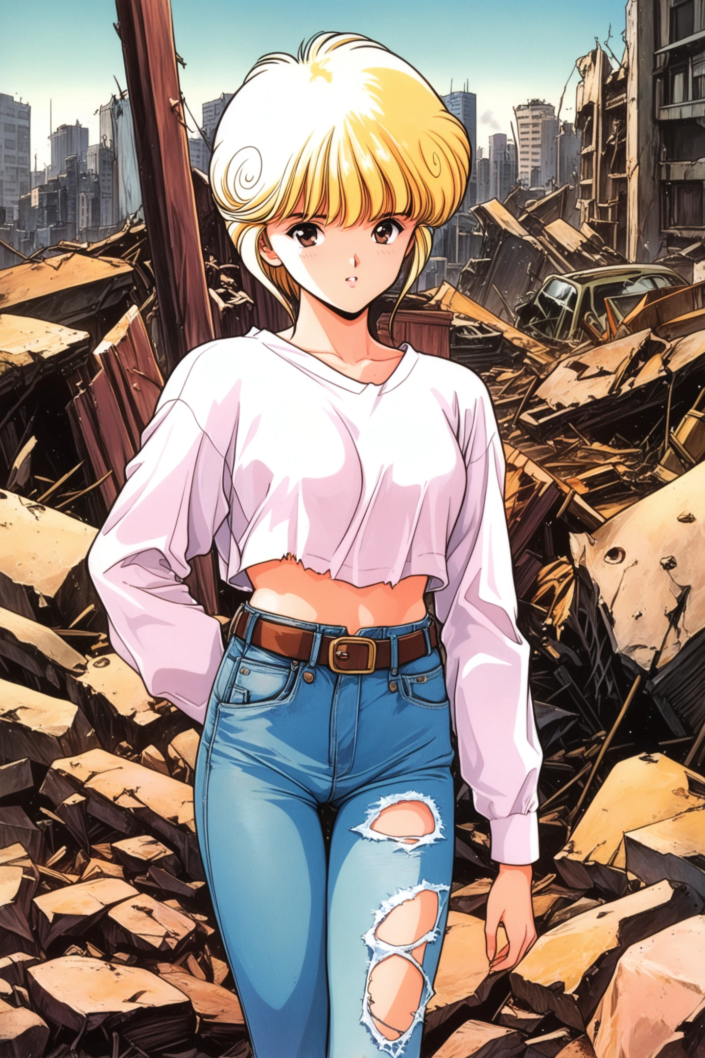 Ai Amano,1girl,solo,pants,denim,jeans,short hair,torn clothes,belt,long sleeves,retro artstyle,looking at viewer,brown eyes,cowboy shot,midriff,torn pants,wreckage,blonde hair,1990s \(style\),traditional media,city,ruins,
<lora:Katsura Masakazu_illustriousXL:0.8>,