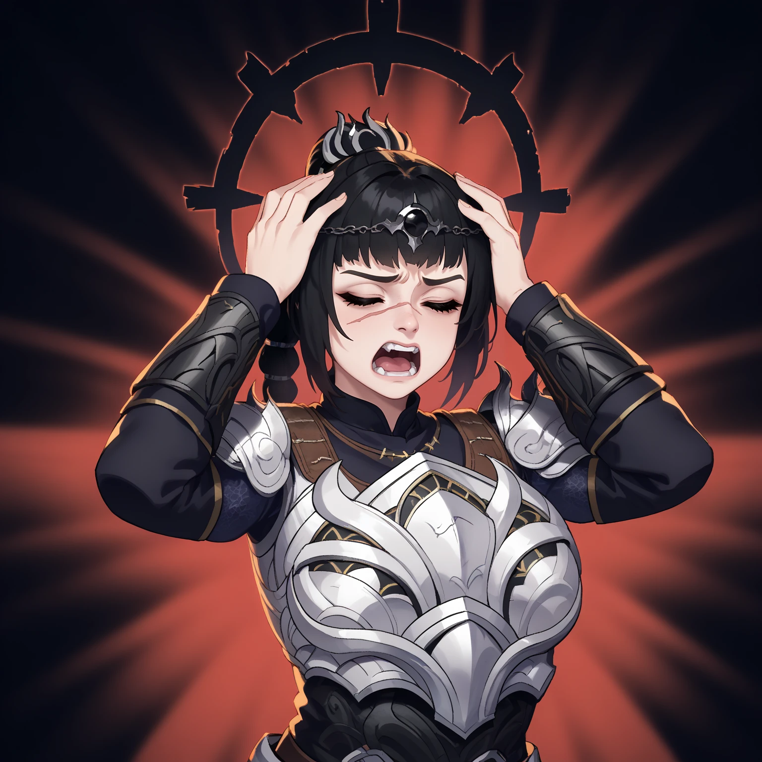 score_9, score_8_up, score_7_up, BREAK
1girl, solo, shadowheart, black hair, braided ponytail, scar on face, circlet, armor, large breasts,
affliction, black halo, hands on own head, closed eyes, pain, open mouth,
upper body, solo, red background, black background   <lora:AfflictionPDXL_byKonan:1>  <lora:ShadowHeartXL:1>