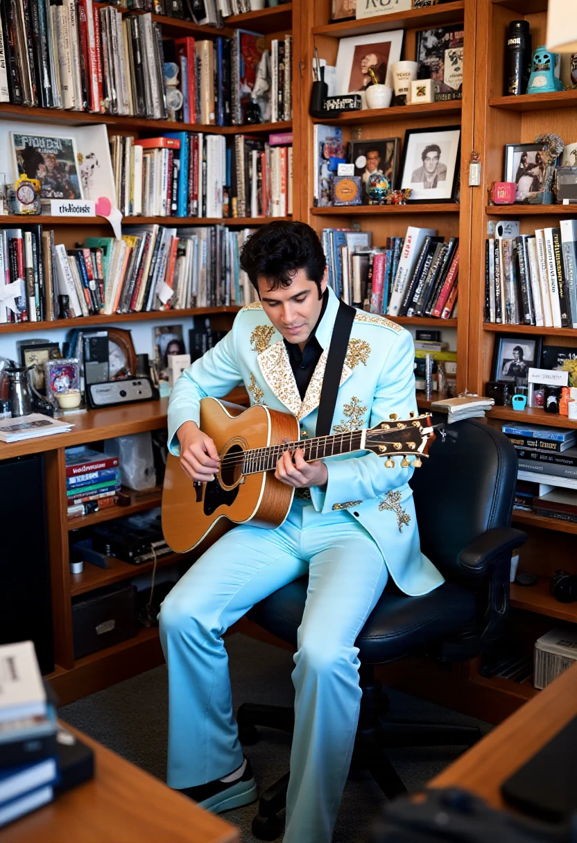 NPR Tiny Desk studio, t1nyd3sk picture of Elvis Presley playing guitar while wearing a  blue and white tuxedo with flared pants and a super wide collar inside the t1nyd3sk studio