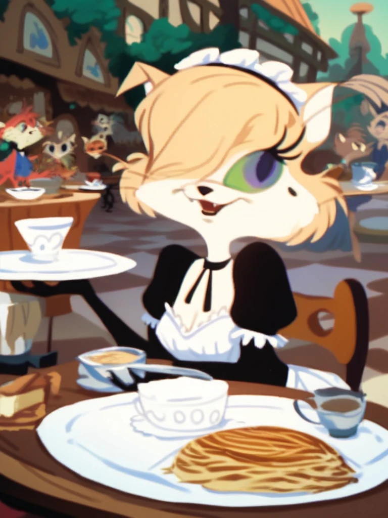 score_9, score_8_up, score_7_up, score_6_up, score_5_up, score_4_up, solo, source furry, Mehitabel, maid uniform, cafe, table, chair, crowd, detailed face, detailed eyes, detailed face, detailed eyes <lora:mehitabel-v1:1>