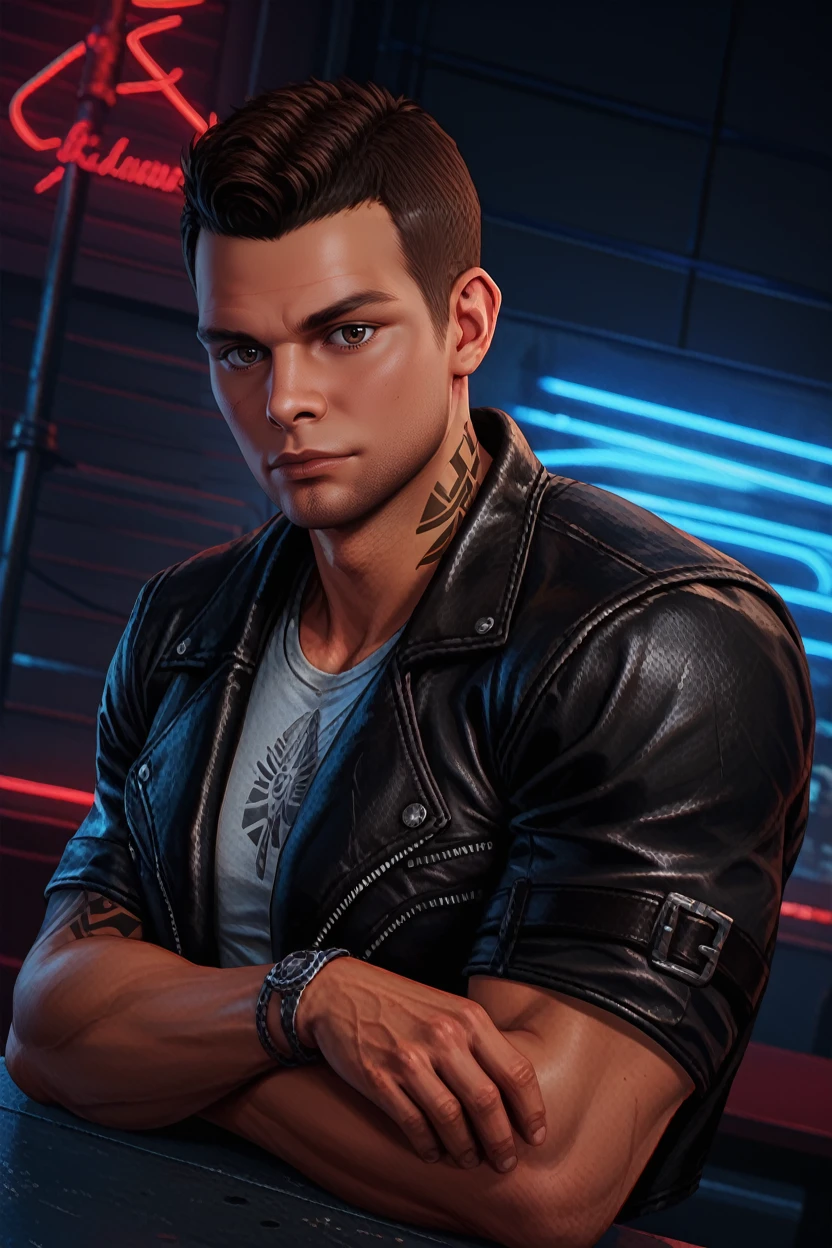 score_9, score_8_up, score_7_up,
<lora:MEJamesV:0.8>
MEJamesV, 1boy, brown hair, short hair, brown eyes, tattoo, muscular, looking at viewer, at an old-fashioned diner, leaning against the counter, wearing a leather jacket, neon lights reflecting on his face, retro vibe, cool and confident expression