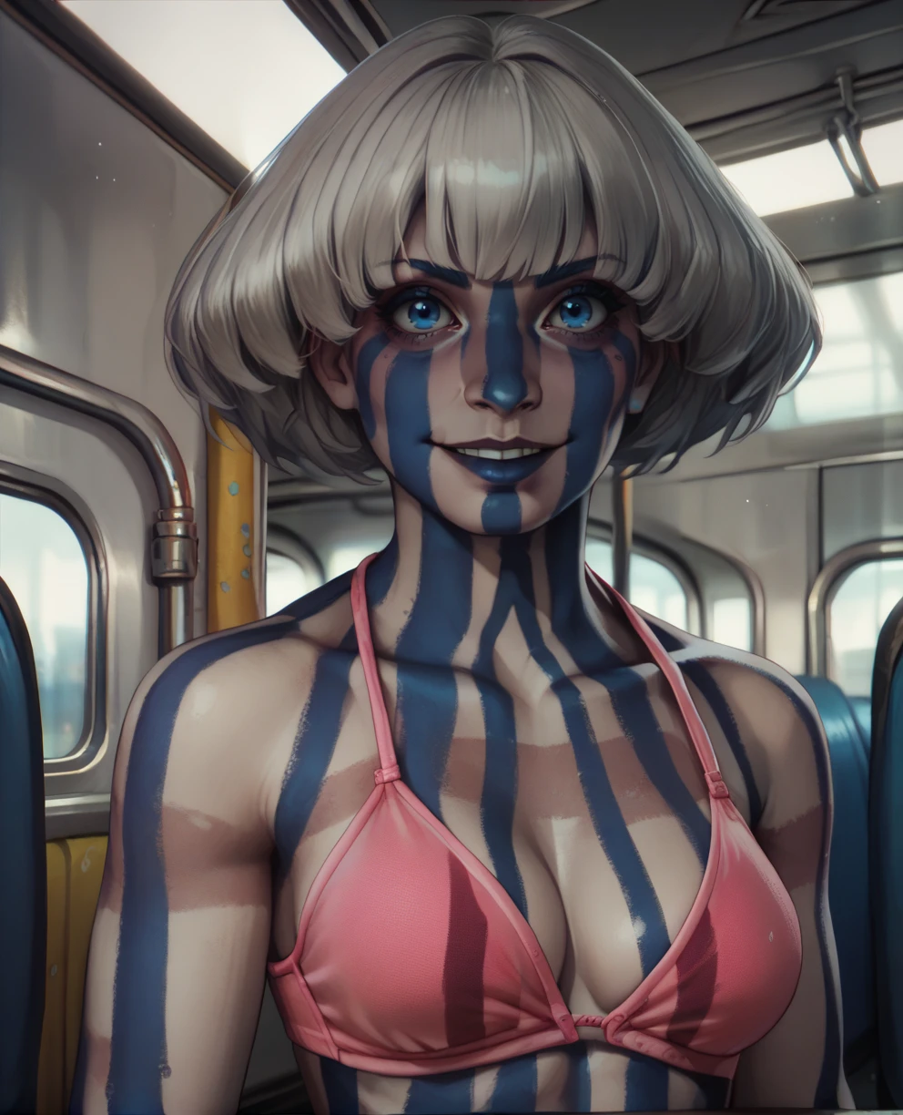 score_9,score_8_up,score_7_up,score_6_up,Momokoxl,short grey hair,blue eyes,striped body paint,face tattoo,pink bikini with vertical stripes,standing, smile,  upper body, 
underground, subway,   solo, 
<lora:MomokoYamadaXL-lid12:0.9>,