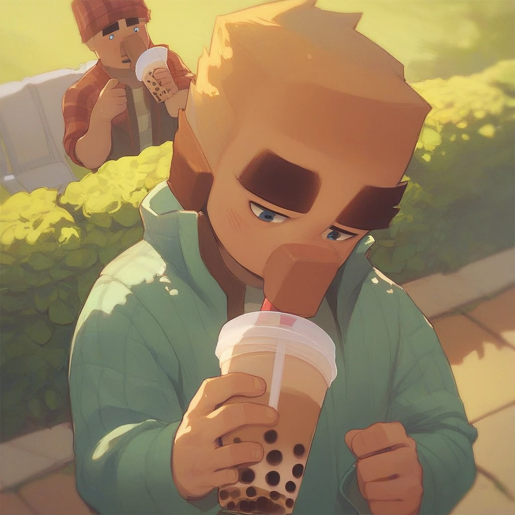 score_9_up, score_8_up, score_7_up, mikus-sona, long nose, unibrow, male focus, 1boy, park, holding, bubble tea