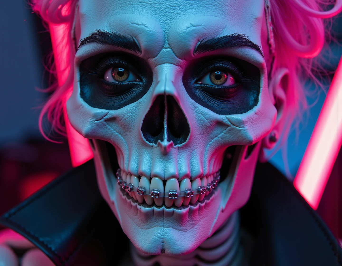  extreme face close-up of a lady skeleton with an elegant smile and striking features. The skeleton wears a high collar and a suit with sci-fi elements. The eyes are shaded, exuding a deadly elegance, with bushy eyebrows accentuating the intense gaze.  hyper-detailed , featuring vibrant neon color highlights in bleached tones, combined with gray and white color grading for a dramatic effect. She don't need to smile but she had brace on her tooth