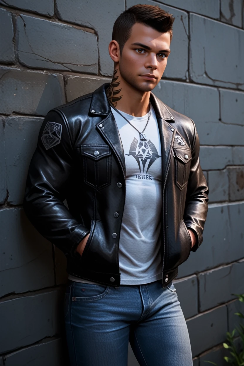 score_9, score_8_up, score_7_up,
<lora:MEJamesV:0.8>
MEJamesV, 1boy, brown hair, short hair, brown eyes, tattoo, muscular, looking at viewer, leaning against wall, outside, leather jacket, jeans, hands in pocket, at night