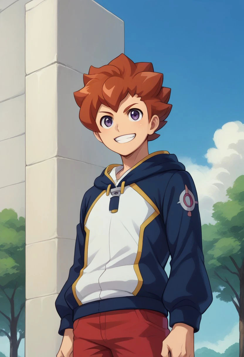 score_9, score_8_up, score_7_up, source_anime, highly detailed, 
arata1boy, male focus, solo, brown hair, purple eyes, hoodie, raglan sleeves, dark blue hoodie, white hoodie, hood, shorts, red shorts, smile, grin, upper body,
outdoor, sky, tree, cloud,