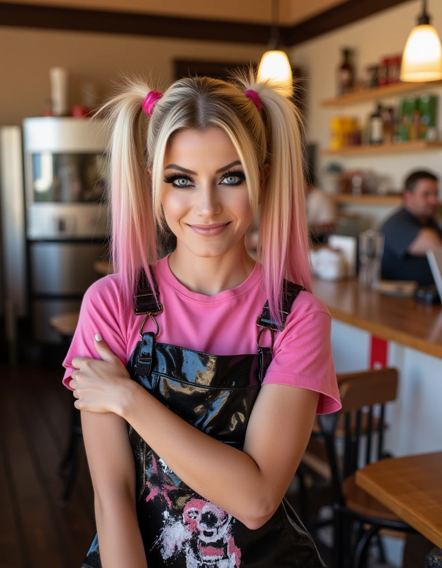 <lora:Alexa_Bliss_Flux:1>  beautiful detailed photograph, straight blonde hair styled in pigtails dyed pink at the end, dramatic makeup with dark eyeliner and mascara accentuating her eyes, wearing a pink short-sleeved shirt underneath a black, shiny graphic short-sleeved dress, standing in cafe looking at the viewer, smile