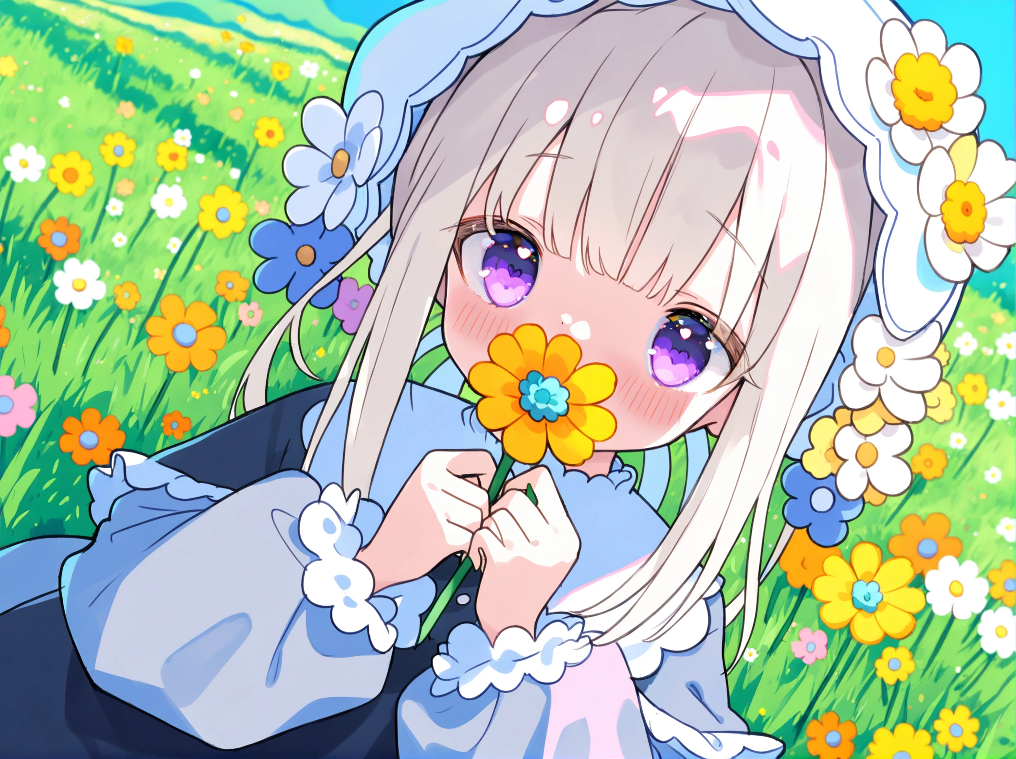 best quality,masterpiece,absurdres,newest,<lora:KAWAII STYLE_XL:0.85>,
(kawaii style,cute:1.2),
1girl, solo, flower, holding, blush, long hair, purple eyes, looking at viewer, long sleeves, outdoors, bangs, grass, animal ears, white flower, yellow flower, upper body, pink flower, day, white hair, blurry, hands up, sleeves past wrists, frills, dress, frilled sleeves, depth of field, puffy sleeves, sidelocks, blue flower, white headwear, shirt, fake animal ears, blurry background, puffy long sleeves, black dress, grey hair, blonde hair, hat, covered mouth, wide sleeves, dutch angle, blue dress, field, a digital illustration in an anime style, featuring a young girl with long, straight, platinum blonde hair and large, expressive purple eyes, she has a fair complexion and a delicate, heart-shaped face with a soft blush on her cheeks, her hair is adorned with small, delicate flowers, adding a touch of whimsy and innocence to her appearance, she is wearing a dark blue, long-sleeved shirt with a slightly wrinkled texture, suggesting a casual, slightly worn-out look, her hands are clasped together in front of her face, holding a small white daisy, the background is a lush, meadow filled with a variety of colorful wildflowers, including pink, yellow, white, and purple, creating a vibrant and cheerful atmosphere, the flowers are scattered throughout the scene, adding depth and texture to the image, the overall color palette is soft and pastel, with soft pastel hues that enhance the dreamy, ethereal quality of the illustration, the illustration is highly detailed, with a focus on soft shading and delicate textures, typical of high-quality digital art, ,