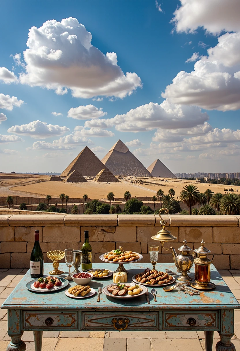 Anachronistically idyllic vista showcasing the Giza plateau, rife with anachronistic luxuriance. Implement tenebrism, saturating cerulean sky with cumulus nimbi. Foreground: accoutrements of a lavish repast upon a weathered table. Emphasize the juxtaposition of opulence against the backdrop of the pyramids. Implement a dynamic three-quarter shot, capturing the grandeur of the pyramids while showcasing the foreground tableau.