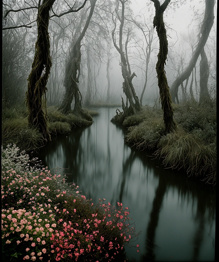 cinematic atmosphere RAW photo shot by dslr Fujifilm XT3,Lifelike textures, shot on kodak portra BREAK hyper realistic high detail. (Foggy Sea of Darkness. Darkly beautiful. Marshland river delta. Twisted trees and muted colored flowers. Hanging vines. Ruined fantasy medieval city in background and jagged mountain peaks) BREAK detailed closeup tilt-shift,cinematic atmosphere RAW photo shot by dslr Fujifilm XT3,Lifelike textures, (shot on kodak portra), ilford delta colored film still