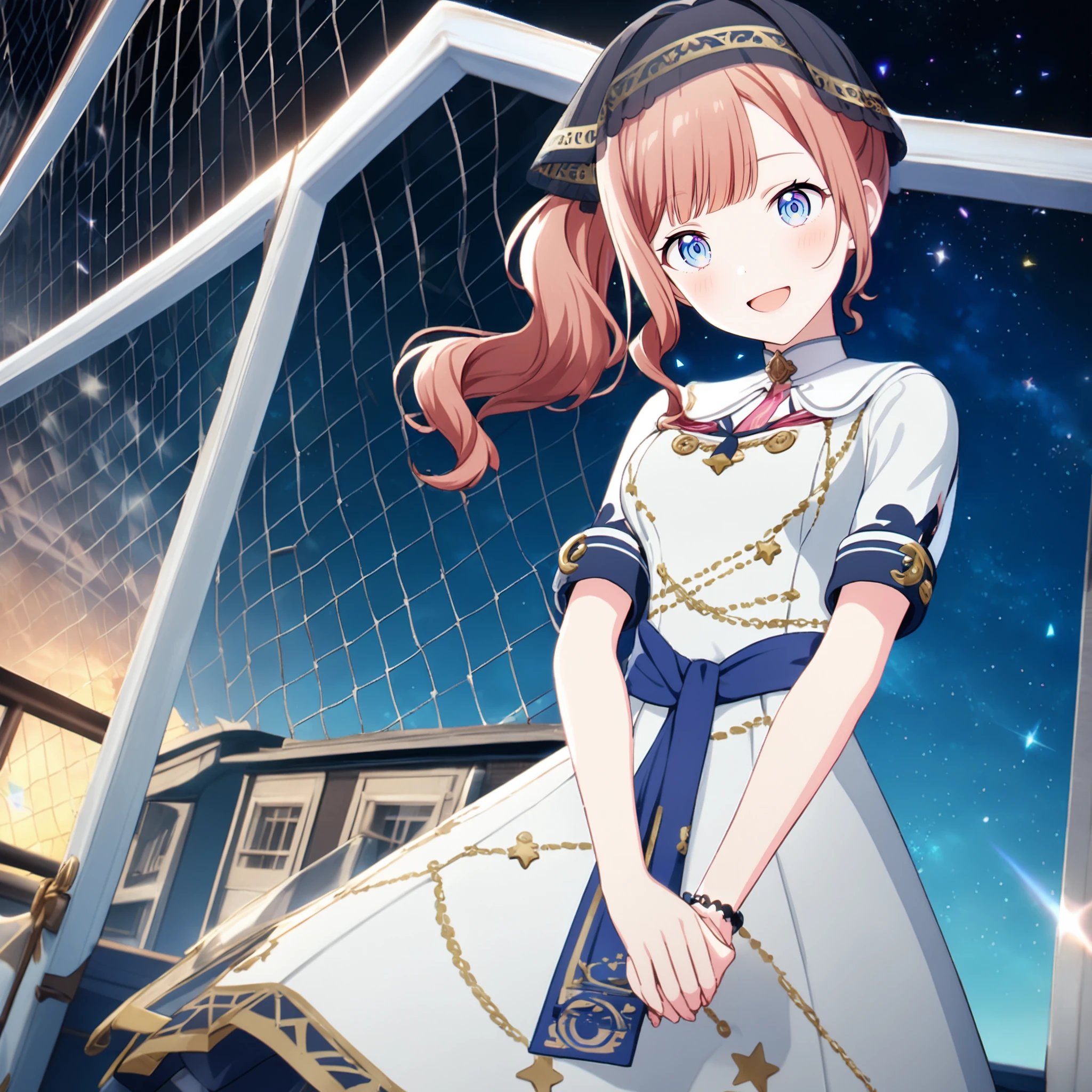 1girl, mochizuki honami, project sekai, masterpiece, very aesthetic, absurdres, official art,
tenderness sister, brown hair, long hair, side low ponytail, blue eyes, (blunt bangs:1.2),
(looking at viewer:1.2), :D, own hands together, BREAK
(navy veil:1.2), white bow, white dress, star print, short sleeves, star (symbol), breasts
beautiful starry sky, top of the school building, (mesh fence:1.2),
 <lora:sdxl-leo-TendernessSister02:0.9:lbw=0,0,0.2,0.2,0,0.4,0.4,0,0.8,0.8,0,0,0,0.8,0.8,0.6,0.8,0.0,0.0,0.0,0,0,0,0,0,0>