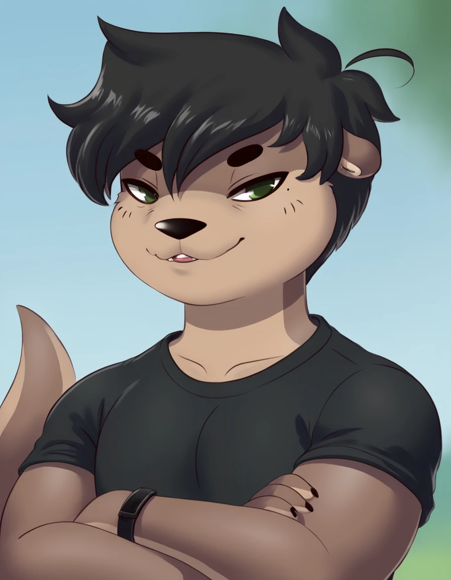 outdoors, 
Shin,1boy,solo,tail,otter tail,animal ears,furry,green eyes,short hair,black hair,furry male,snout,dark skin,animal nose,mole under eye,
seductive smile, long eyelashes, 
upper body, parted lips, 
black shirt, 
 <lora:Shin_v01_PDXL:1>,
 <lora:add-detail-xl:1>