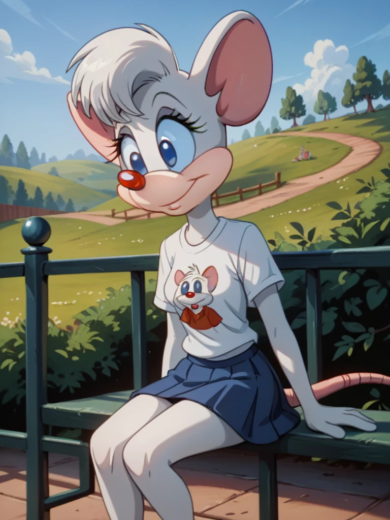 score_9, score_8_up, score_7_up, score_6_up, score_5_up, score_4_up, solo, source furry, anthro mouse, Billie_Mouse, no pupils, t-shirt, skirt, sitting on railing, outdoors, detailed face, detailed eyes, detailed face, detailed eyes <lora:billie:1>