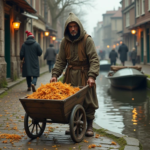 an image of a member of the beggar's guild walking down a canal path with a wooden wheelbarrow full of vegetable peel