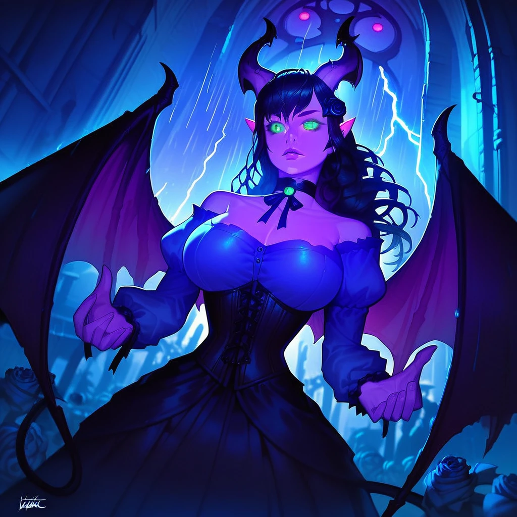 Lisa Ann as a hyper-giant, Hyper-powerful demon with a demon horn on its head and demon wings, and throws purple lightning bolts at a building, ville en ruine post apocalyptique,