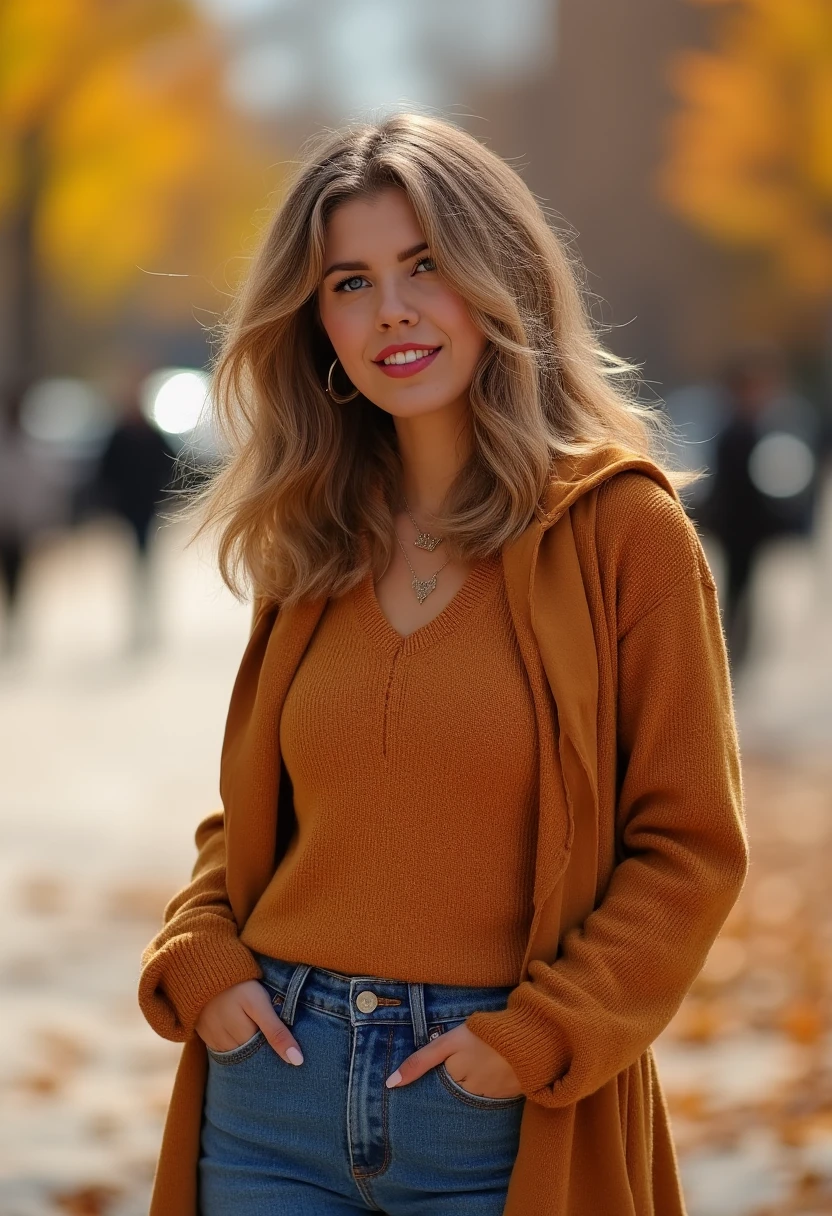 an amateur photo of victoriaswarovski, a smiling woman, wearing lipstick and modest casual autumn clothes and jeans on a sunny autumn day.