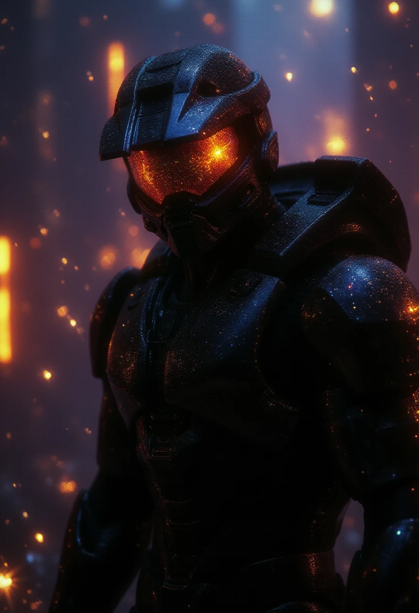 a sparklecraft style photo of Halo Master Chief, dark and dimly lit, his visor reflecting a futuristic cyberpunk cityscape