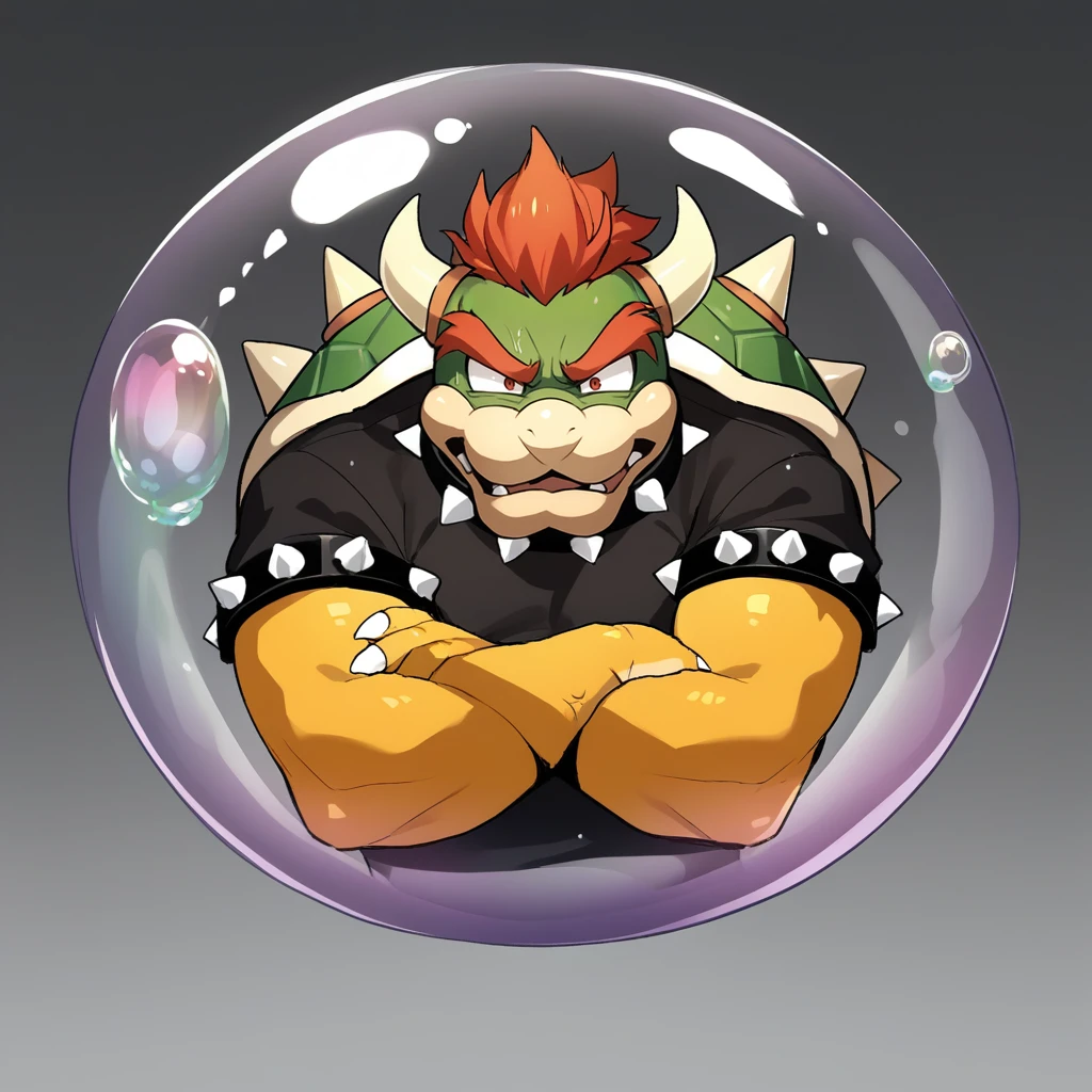 score_9, score_8_up, score_7_up, score_6_up, score_5_up, score_4_up, zPDXL2,source_anime,rating_safe,1boy, bowser, annoyed, arms crossed, trapped, <lora:In_Bubble:0.8> 1nbbbl3, bubble, in bubble